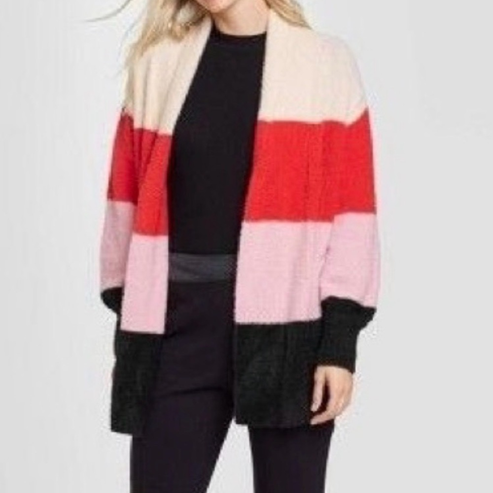 Who What Wear Striped Open Cardigan in Red, Pink, and Black